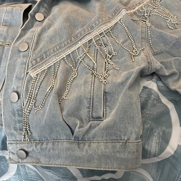 Joiemont Womens Denim Jacket with Fringe Rhinestones Long Sleeve Jean Coat - Picture 3 of 6